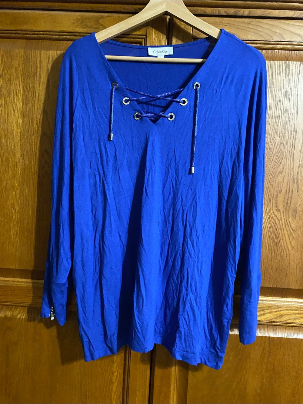 Calvin Klein Royal Blue Lace-Up V-Neck Long Sleeve Tee